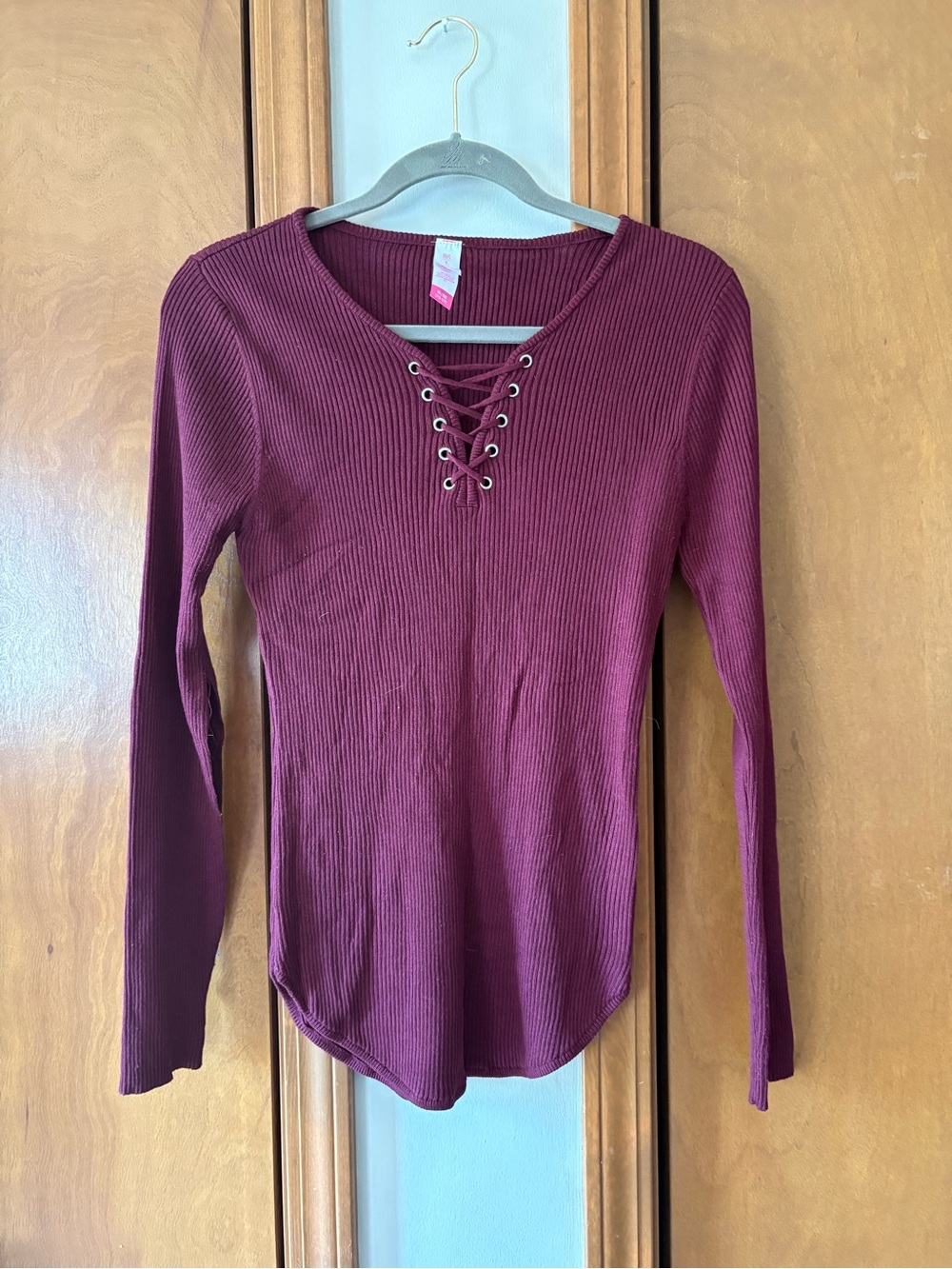 No Boundaries Burgundy Ribbed Lace-Up Long Sleeve Top